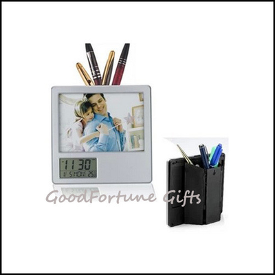 Multi Functional ABS Desk Calendar Pen Holder Time Temperature With Photo Frame